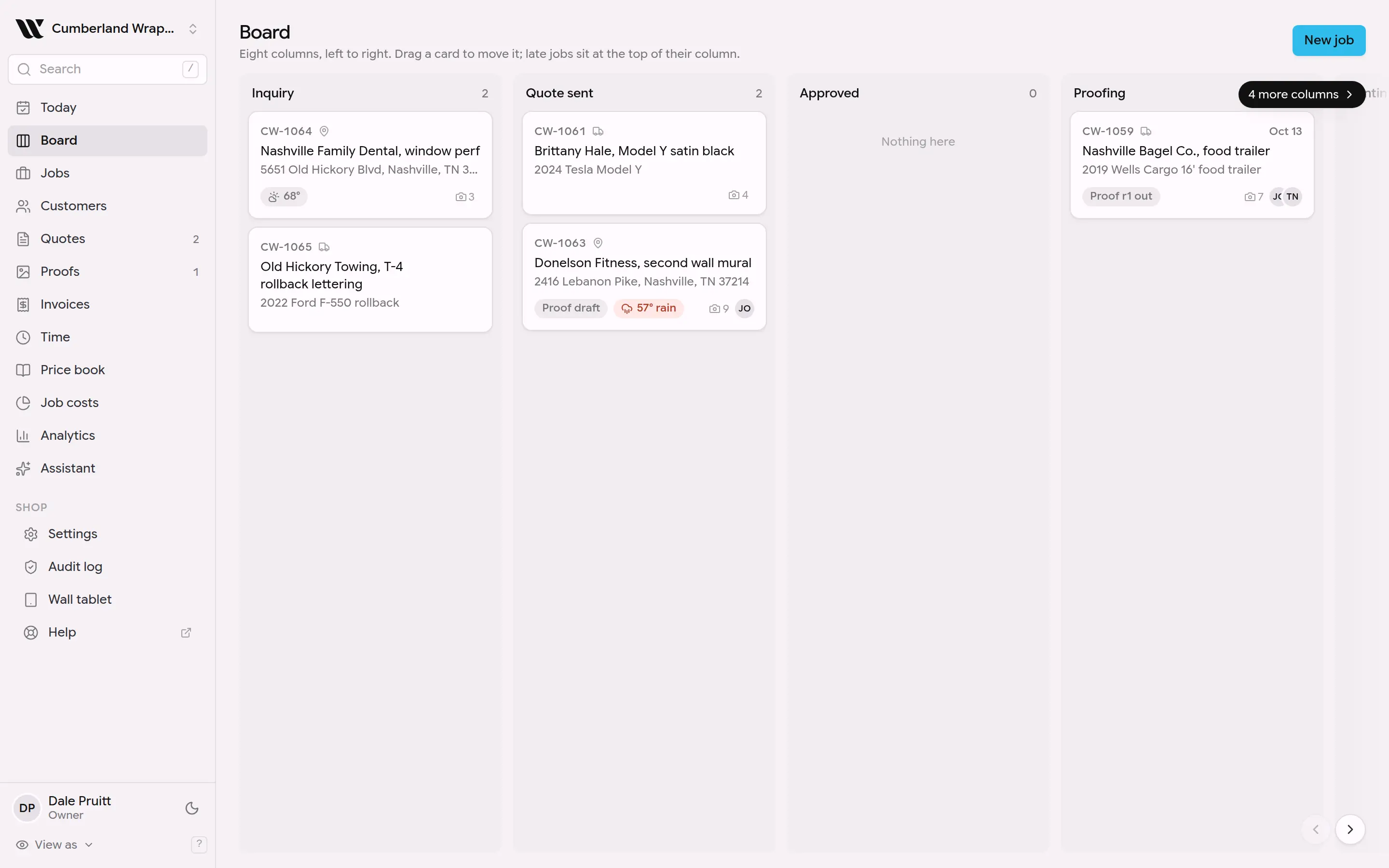 The WrapFlow board: eight columns from Inquiry to Done with job cards, a fleet card showing nine of fifteen vans finished, and a late job marked in red