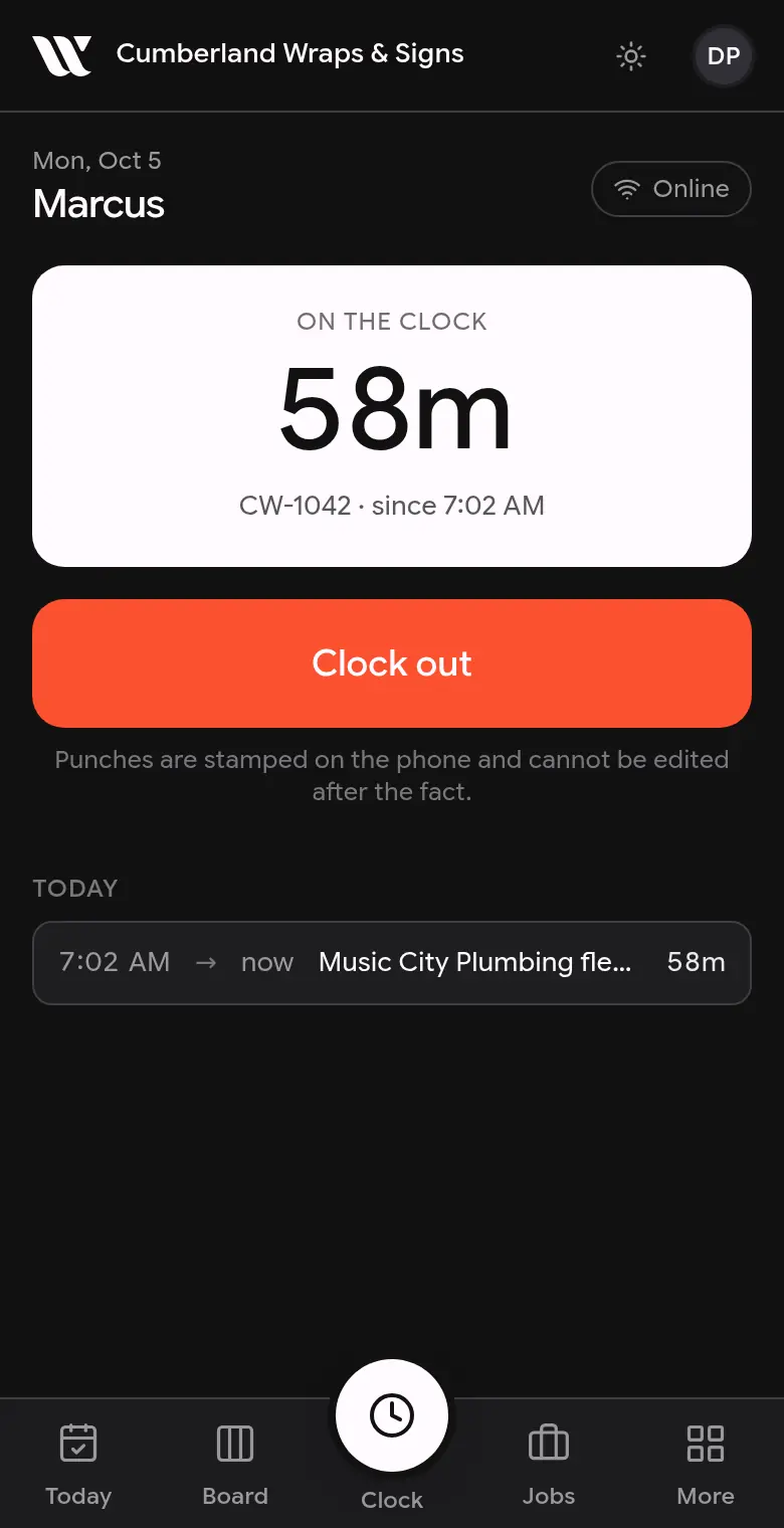 Screenshot: Clock in from a phone