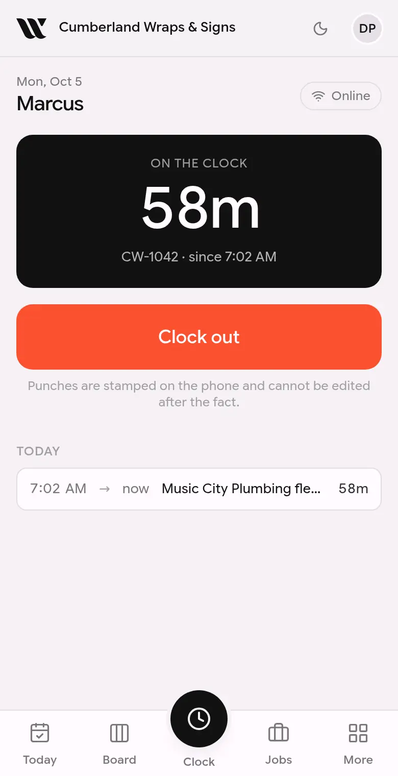 Screenshot: Clock in from a phone