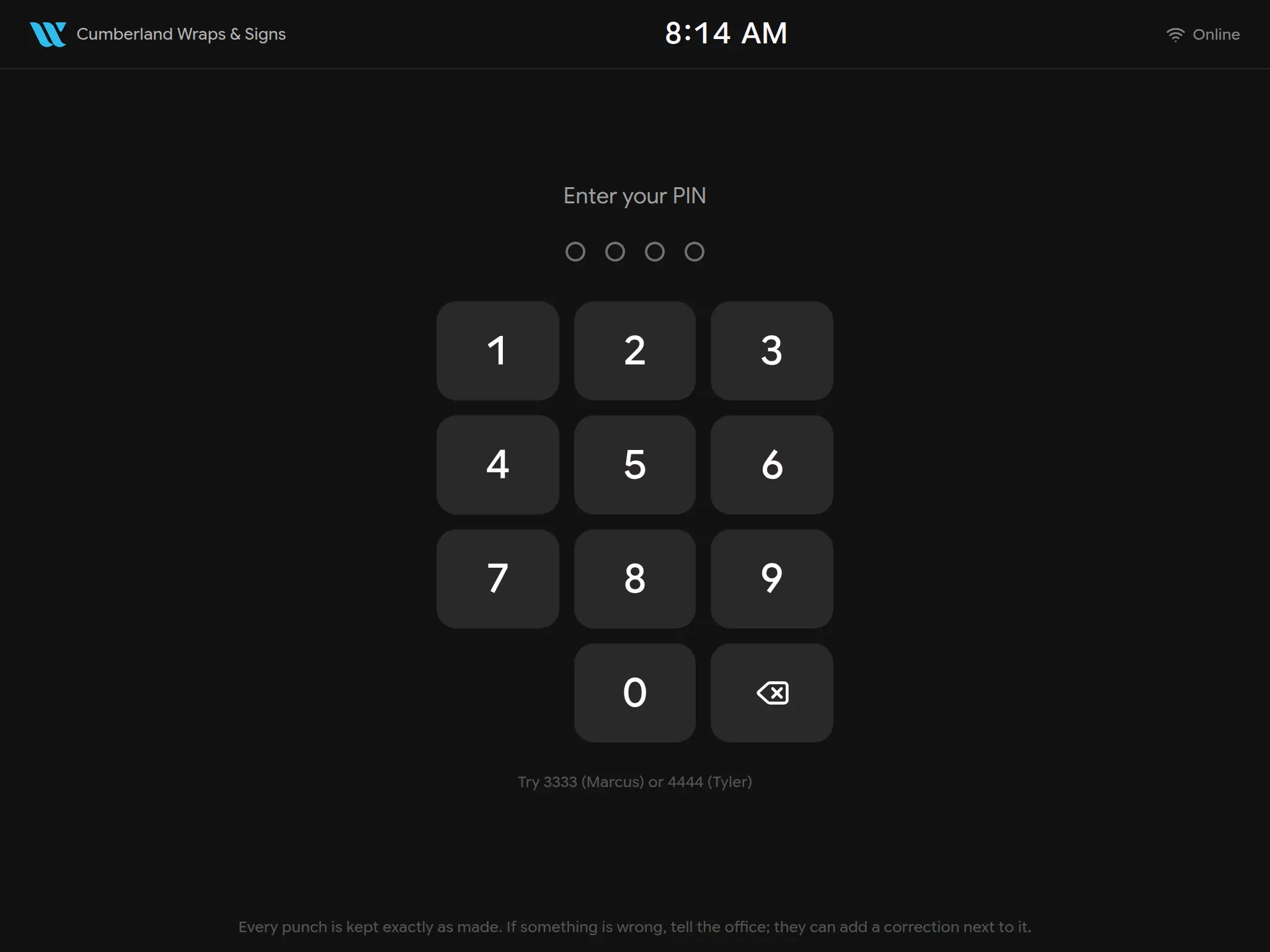 The wall tablet clock: dark screen with a large PIN pad and the time