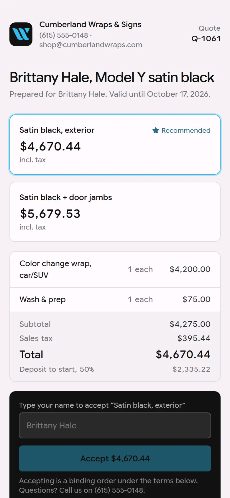 A quote as the customer sees it on a phone, with two options and an Accept button