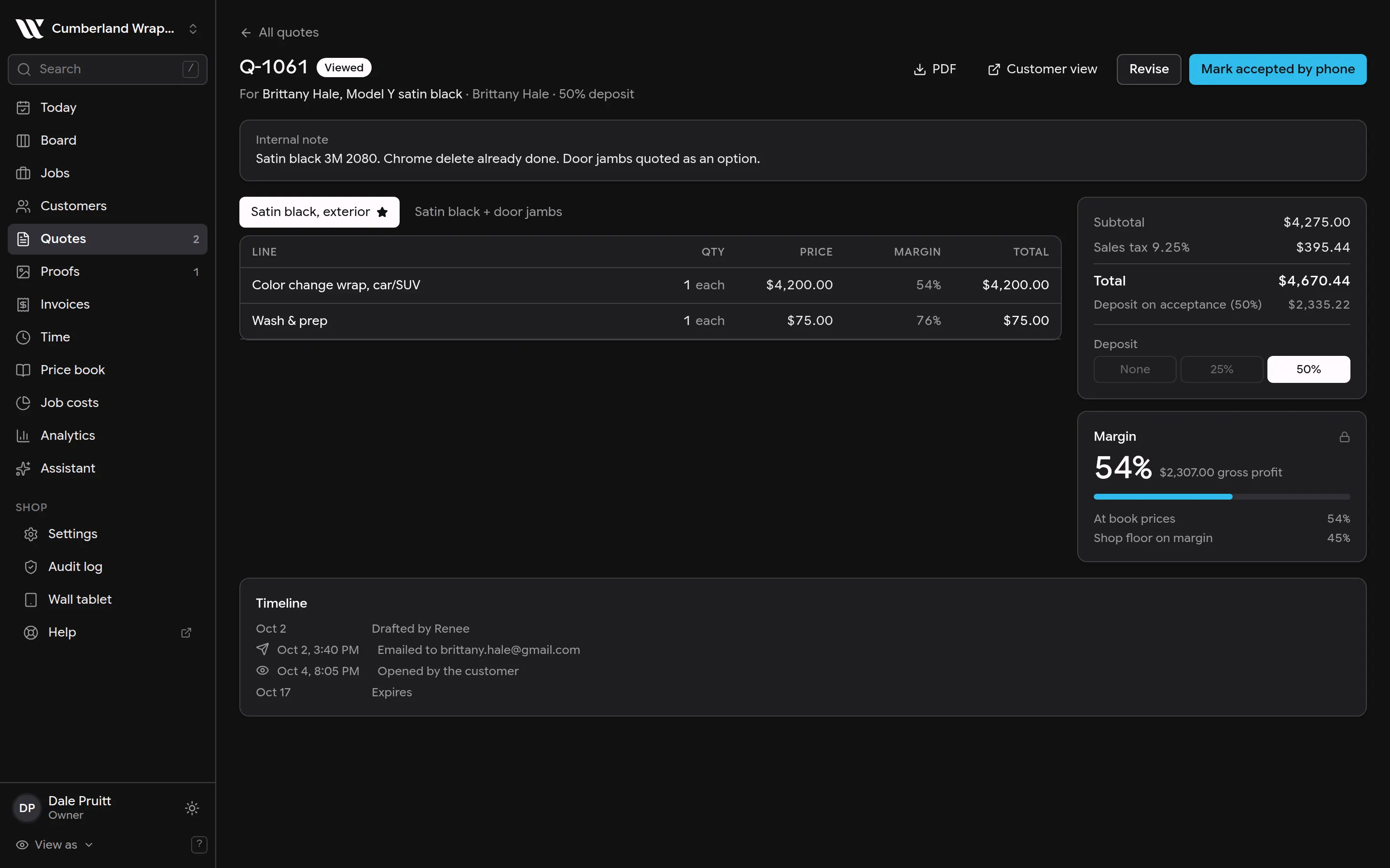 Quote builder showing two options, a price override with its reason, and a live margin of 54%