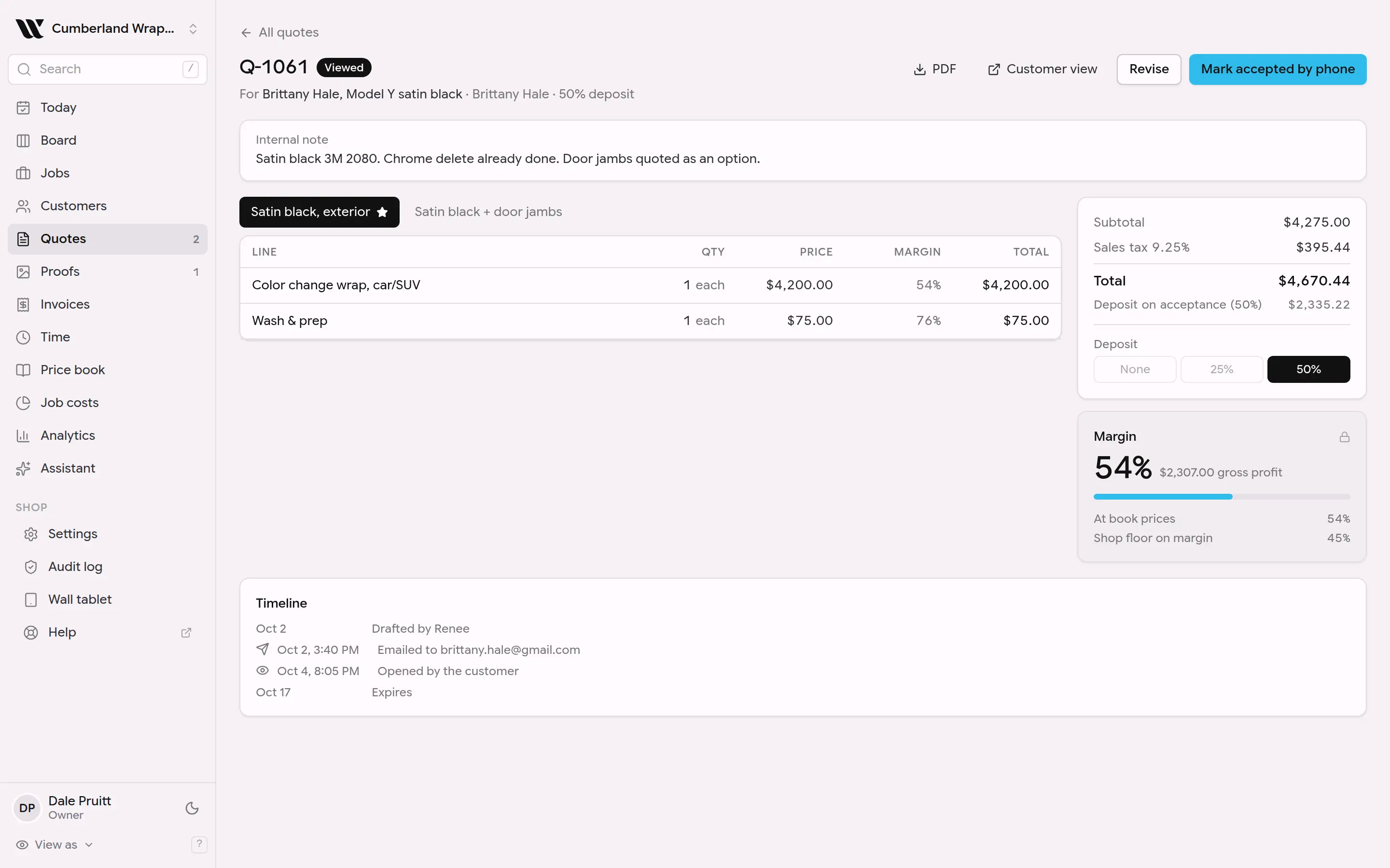 Quote builder showing two options, a price override with its reason, and a live margin of 54%